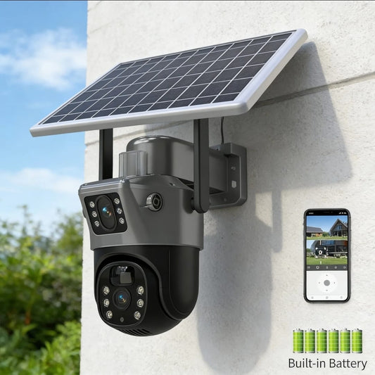 Cameră de Supraveghere Solară Dual Lens PTZ, WiFi, Acumulator Integrat & Vedere Nocturnă